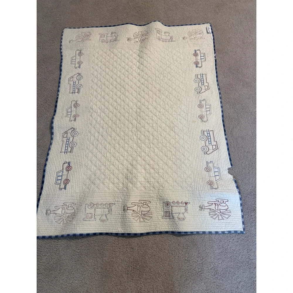 Bacati Collections Transportation Baby Quilt Blue Red Plaid Trains Cars Cream